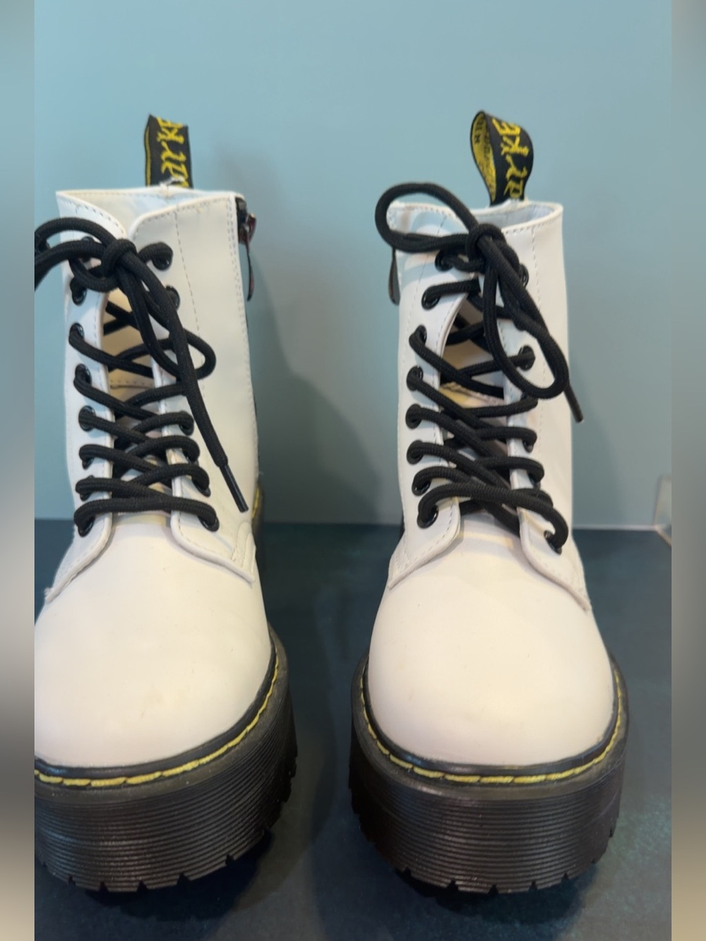 Dr. Martens White Platform Lace-Up Boots with Black Laces